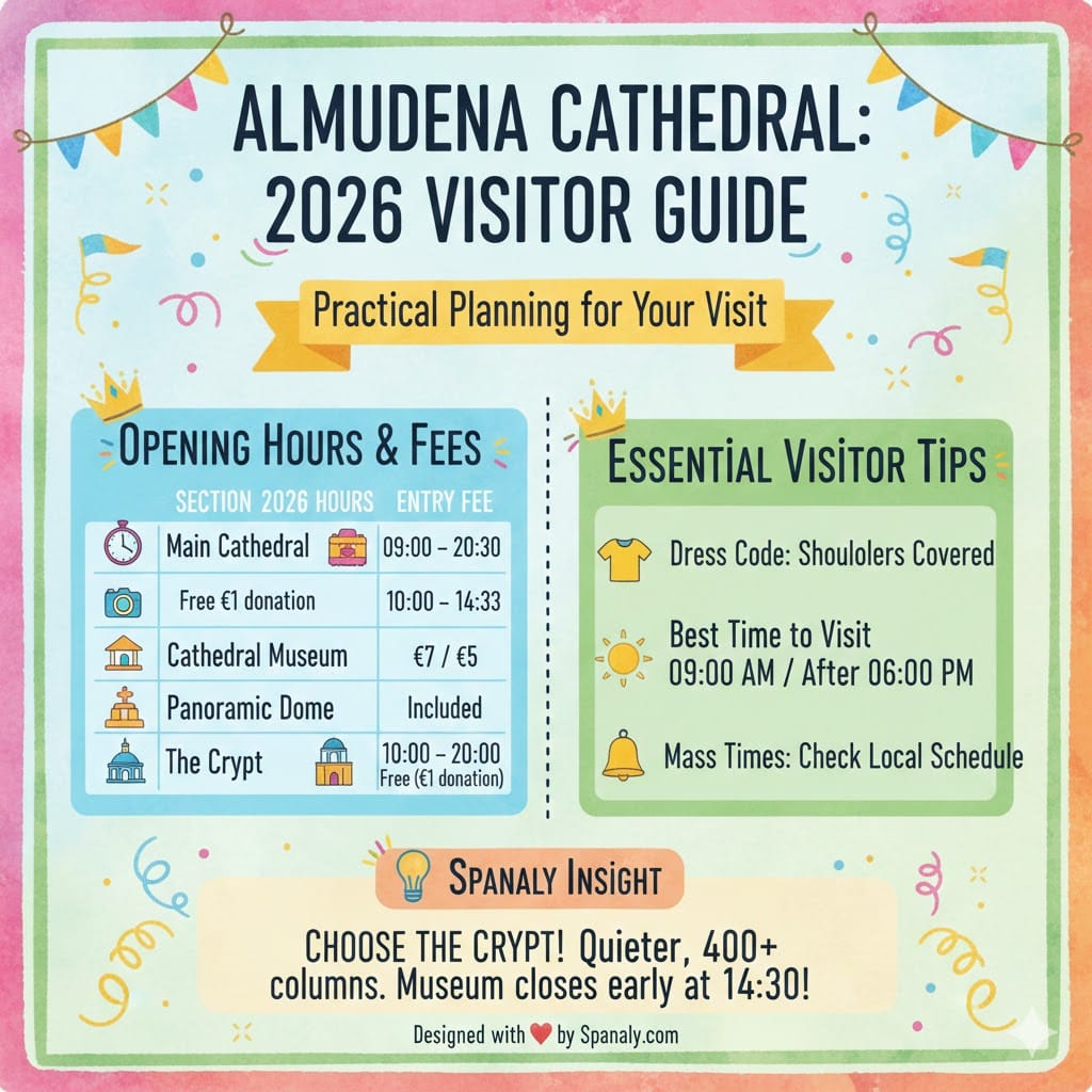 A clear and colorful infographic of the Almudena Cathedral 2026 visitor guide, featuring opening hours, entry fees for the museum and dome, and essential travel tips by Spanaly.