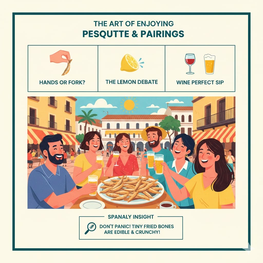 An infographic about Pescaito Frito etiquette, showing a hand holding fish by the tail, a lemon wedge, and wine/beer pairings, with a central illustration of friends enjoying a platter in a sunny Spanish plaza.