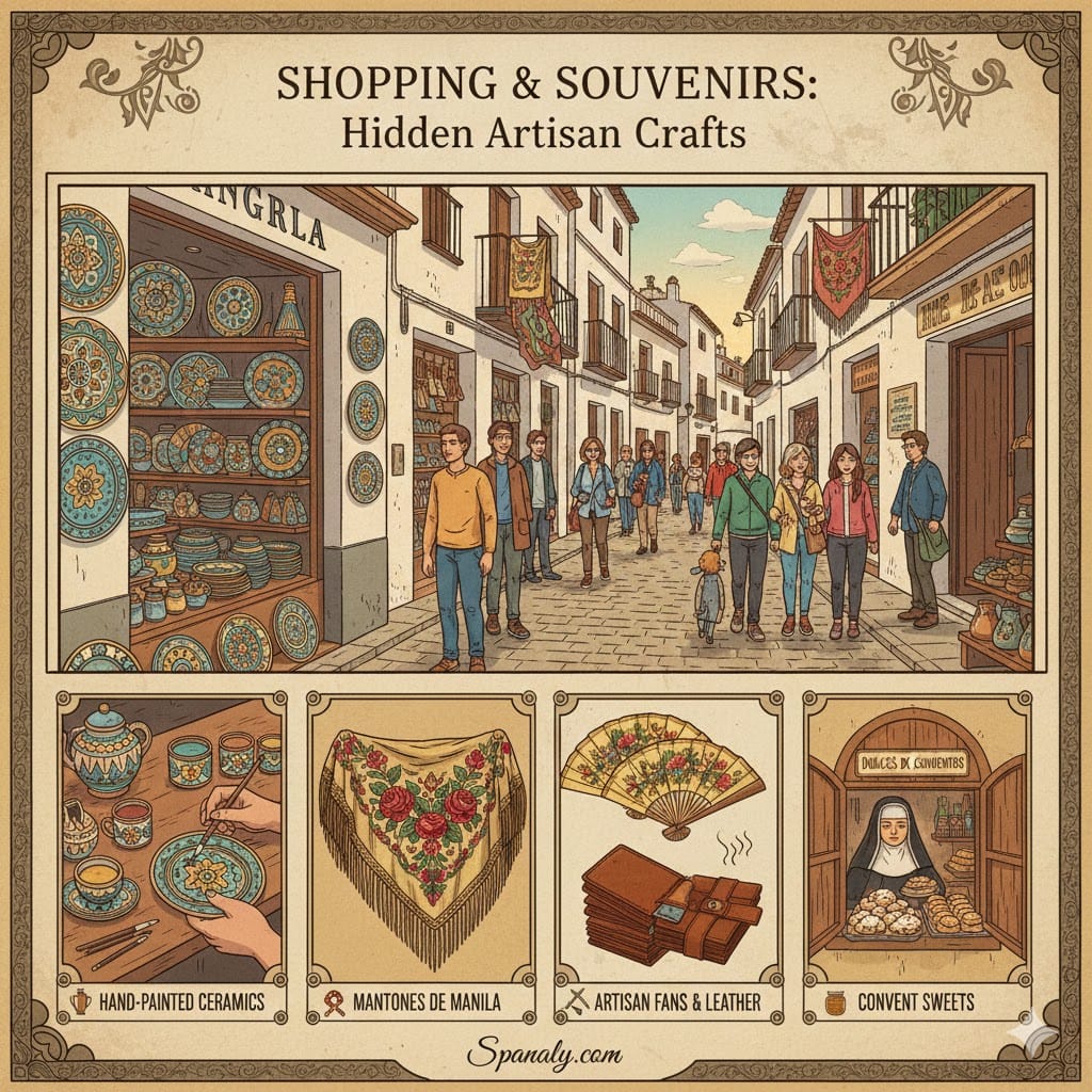 A colorful artistic infographic titled "Shopping & Souvenirs: Hidden Artisan Crafts". It features a main panel of a narrow Seville street with boutique shops, and four detailed sub-panels showing: hand-painting traditional ceramics, an embroidered silk Mantón de Manila, hand-painted fans with leather goods, and a nun selling convent sweets. Created by Spanaly.com.