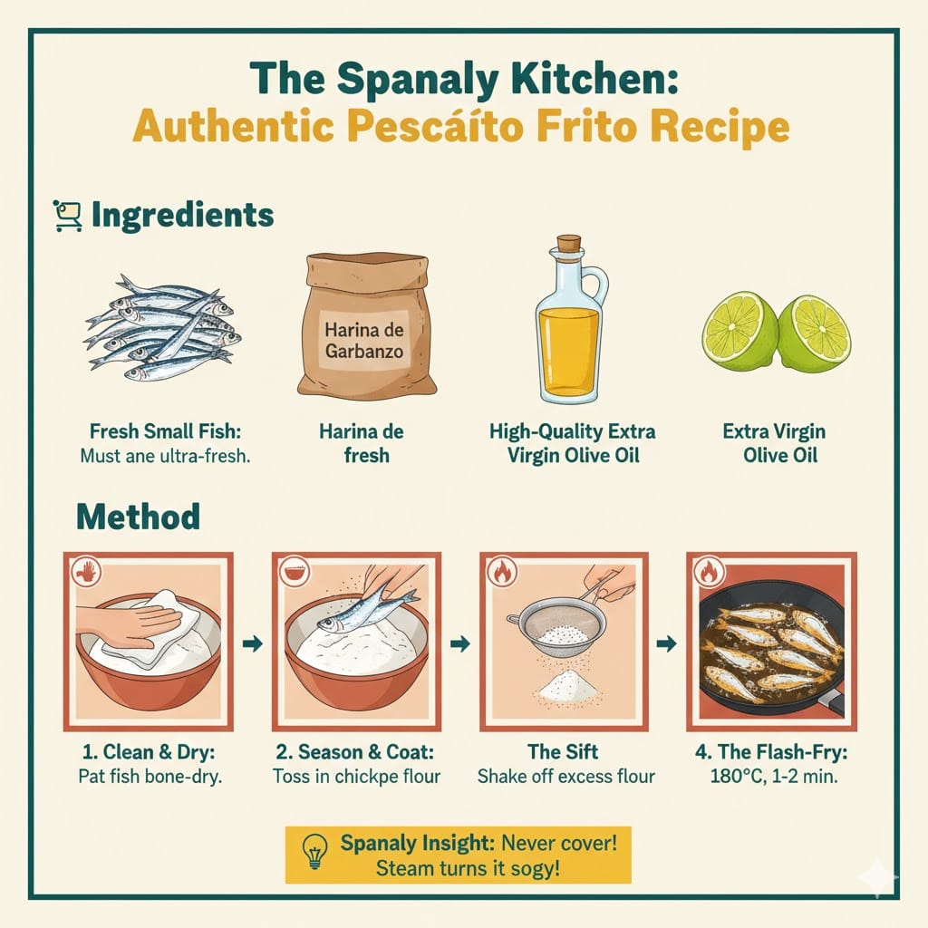 A colorful recipe infographic for authentic Sevillian Pescaíto Frito, showing ingredients like fresh fish and chickpea flour, and a 4-step method: dry, coat, sift, and flash-fry.
