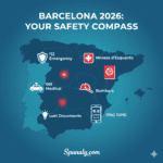 A comprehensive 2026 Barcelona safety map infographic featuring emergency icons for 112, 061 medical services, Mossos d'Esquadra police, and digital safety apps over a map of Spain by Spanaly.