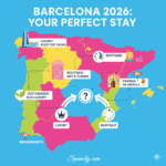 A colorful map infographic of Spain and Barcelona for 2026, highlighting the comparison between Luxury Hotels with rooftop views and Boutique Stays focused on art and charm, featuring Spanaly.com branding.