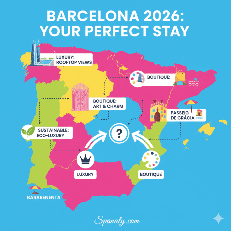 A colorful map infographic of Spain and Barcelona for 2026, highlighting the comparison between Luxury Hotels with rooftop views and Boutique Stays focused on art and charm, featuring Spanaly.com branding.