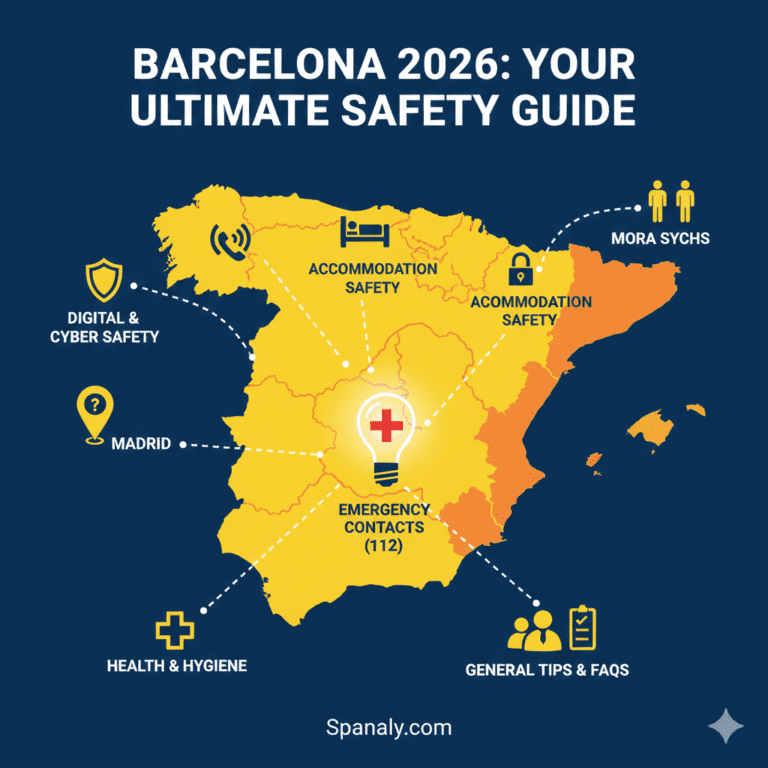 A high-quality 2026 Barcelona travel safety guide cover by Spanaly.com, featuring an illustrated map of Spain with icons for digital safety, accommodation security, emergency contacts, health hygiene, and general travel tips.