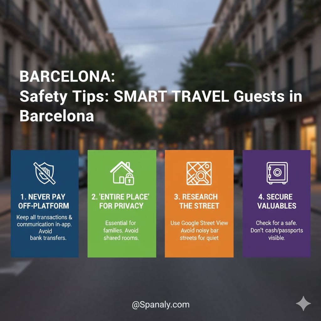 Essential safety tips infographic for Airbnb guests in Barcelona, featuring advice on official payments, street research, and securing valuables to ensure a safe stay by Spanaly.com.