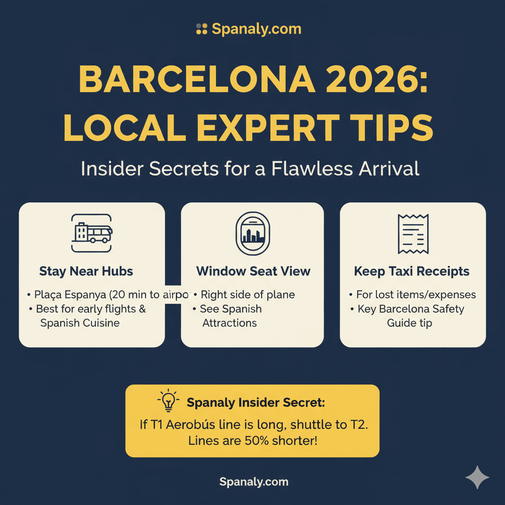 A 2026 expert travel infographic by Spanaly.com featuring insider secrets for a flawless Barcelona arrival. It includes tips on staying near Plaça Espanya, getting the best plane window view of Spanish attractions, and why you should keep taxi receipts for safety.