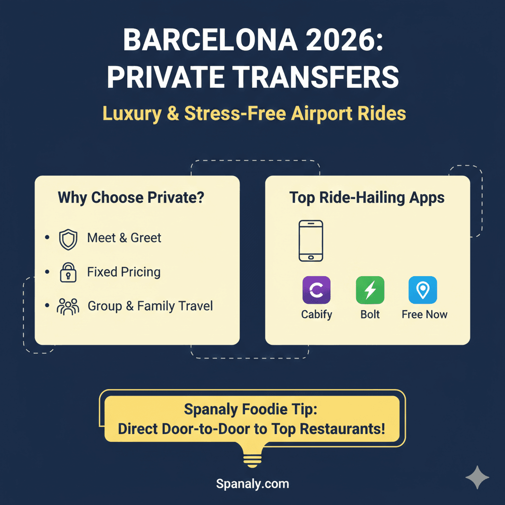 A 2026 luxury travel guide by Spanaly.com for Barcelona airport private transfers. The infographic highlights the benefits of private rides like fixed pricing and meet-and-greet services, along with the top ride-hailing apps in Spain: Cabify, Bolt, and Free Now.