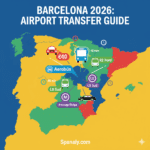 A colorful 2026 travel infographic map of Spain by Spanaly.com, featuring Barcelona airport transfer options. The map displays icons for Aerobús, Metro L9 Sud, Renfe R2 Nord train, Taxis, and Private Rides with estimated prices and travel times for a smooth arrival.