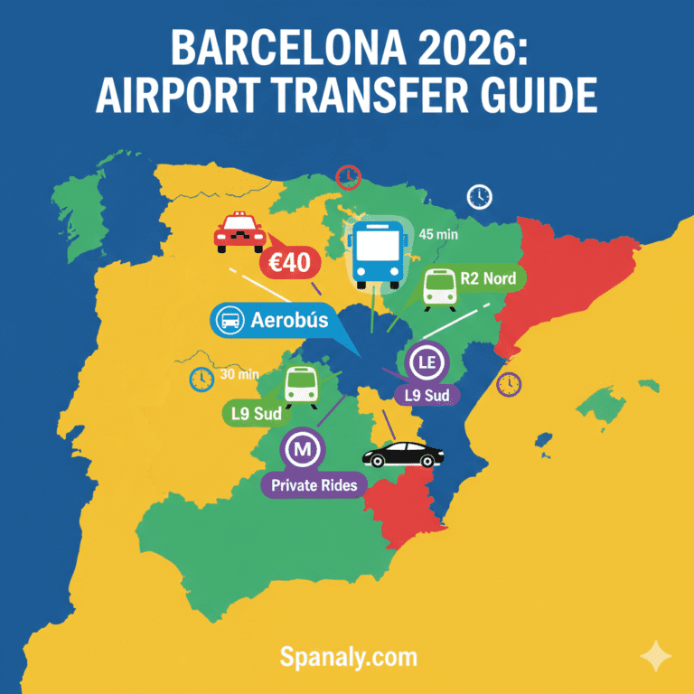 A colorful 2026 travel infographic map of Spain by Spanaly.com, featuring Barcelona airport transfer options. The map displays icons for Aerobús, Metro L9 Sud, Renfe R2 Nord train, Taxis, and Private Rides with estimated prices and travel times for a smooth arrival.