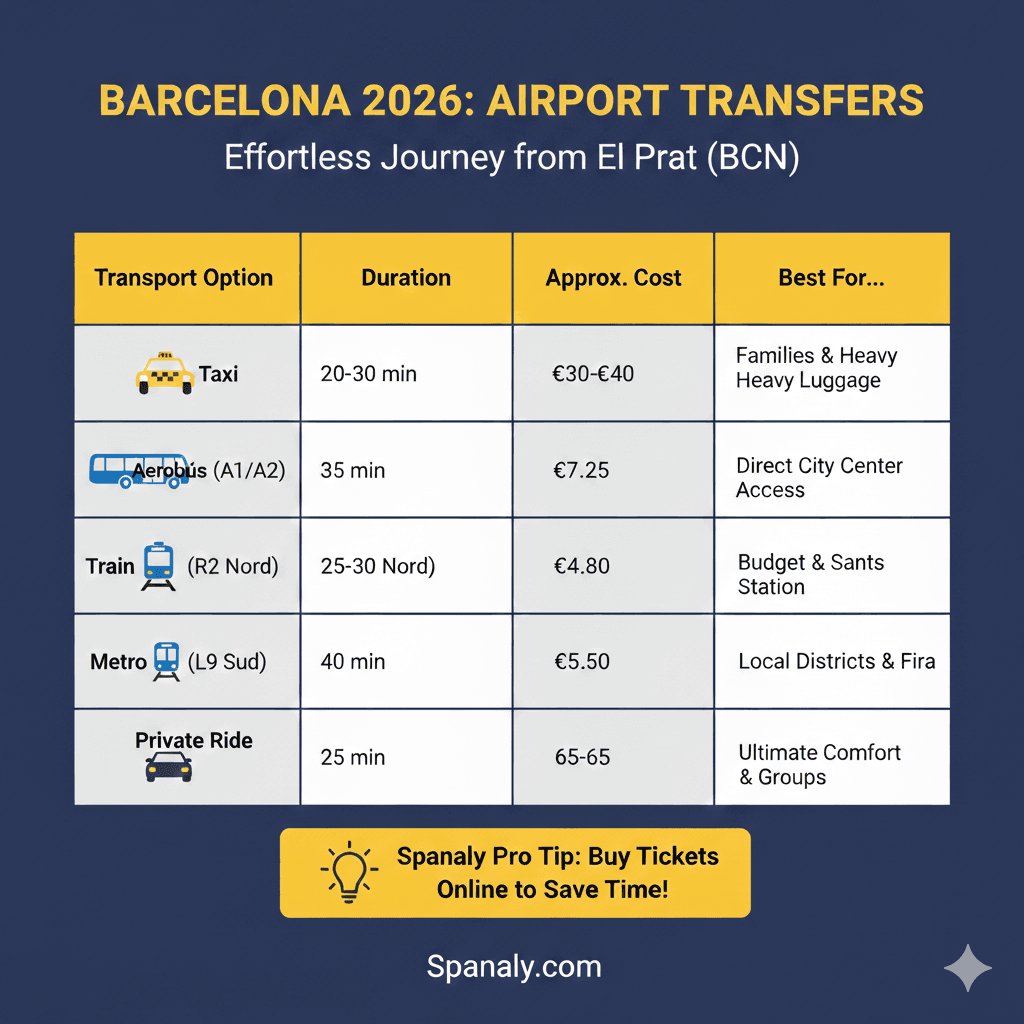 A 2026 Barcelona airport transfer comparison table by Spanaly.com. It shows transport options from El Prat Airport (BCN) including Taxi, Aerobús, Train (R2 Nord), Metro (L9 Sud), and Private Rides, with updated prices, durations, and recommendations for travelers.