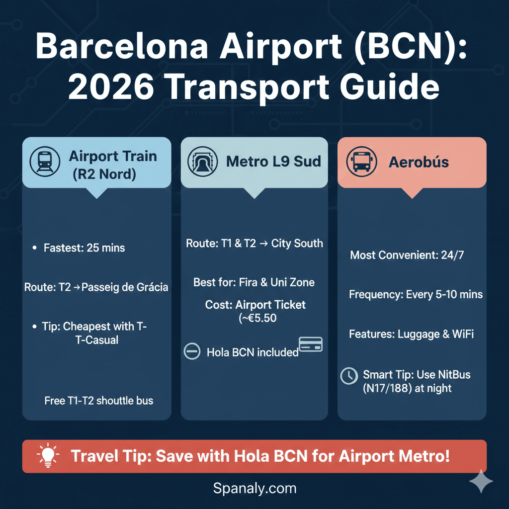 Barcelona Airport 2026 transport infographic comparing Train, Metro, and Aerobús options by Spanaly.