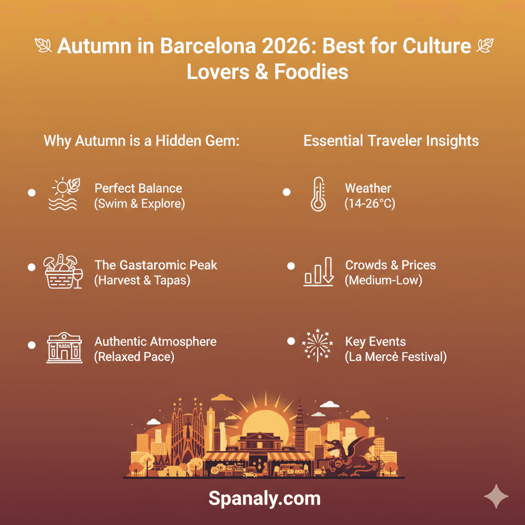 An autumn-themed infographic for Barcelona 2026, highlighting cultural highlights, harvest season food tips, weather details (14-26°C), and key events like the La Mercè Festival for global travelers.