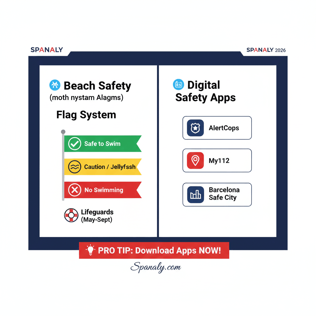 A Barcelona 2026 beach safety infographic illustrating the flag system (Green, Yellow, Red) and essential digital safety apps like AlertCops, My112, and Barcelona Safe City for tourists by Spanaly.
