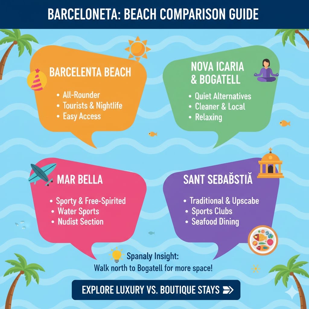 A colorful comparison infographic by Spanaly of Barcelona beaches, highlighting Barceloneta for nightlife, Nova Icaria for relaxation, Mar Bella for sports, and Sant Sebastià for upscale dining.