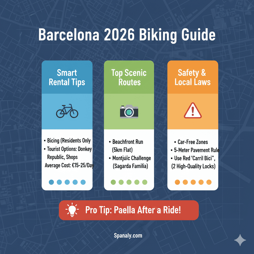 An infographic guide for cycling in Barcelona in 2026, providing information on tourist bike rentals, popular scenic routes, and essential local traffic laws for cyclists.