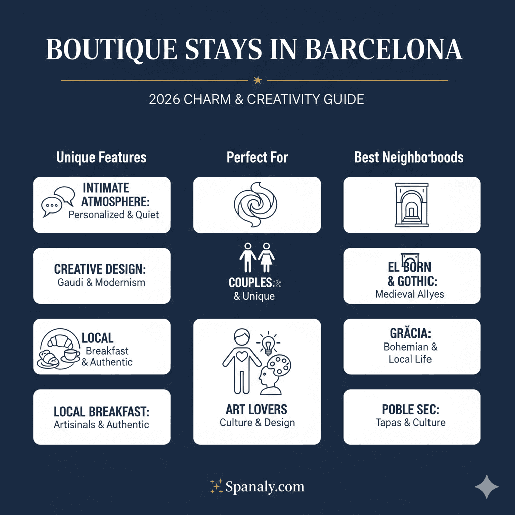A 2026 visual guide to boutique stays in Barcelona, highlighting unique features like creative Gaudi-inspired design, intimate atmospheres, and local breakfasts in neighborhoods like El Born, Gràcia, and Poble Sec by Spanaly.