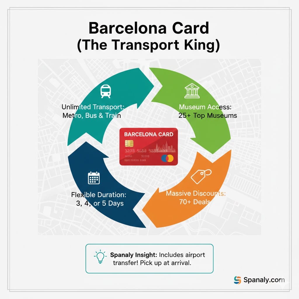 Infographic of the Barcelona Card (The Transport King) highlighting unlimited public transport, access to 25+ museums, 70+ deals, and flexible duration options of 3 to 5 days.