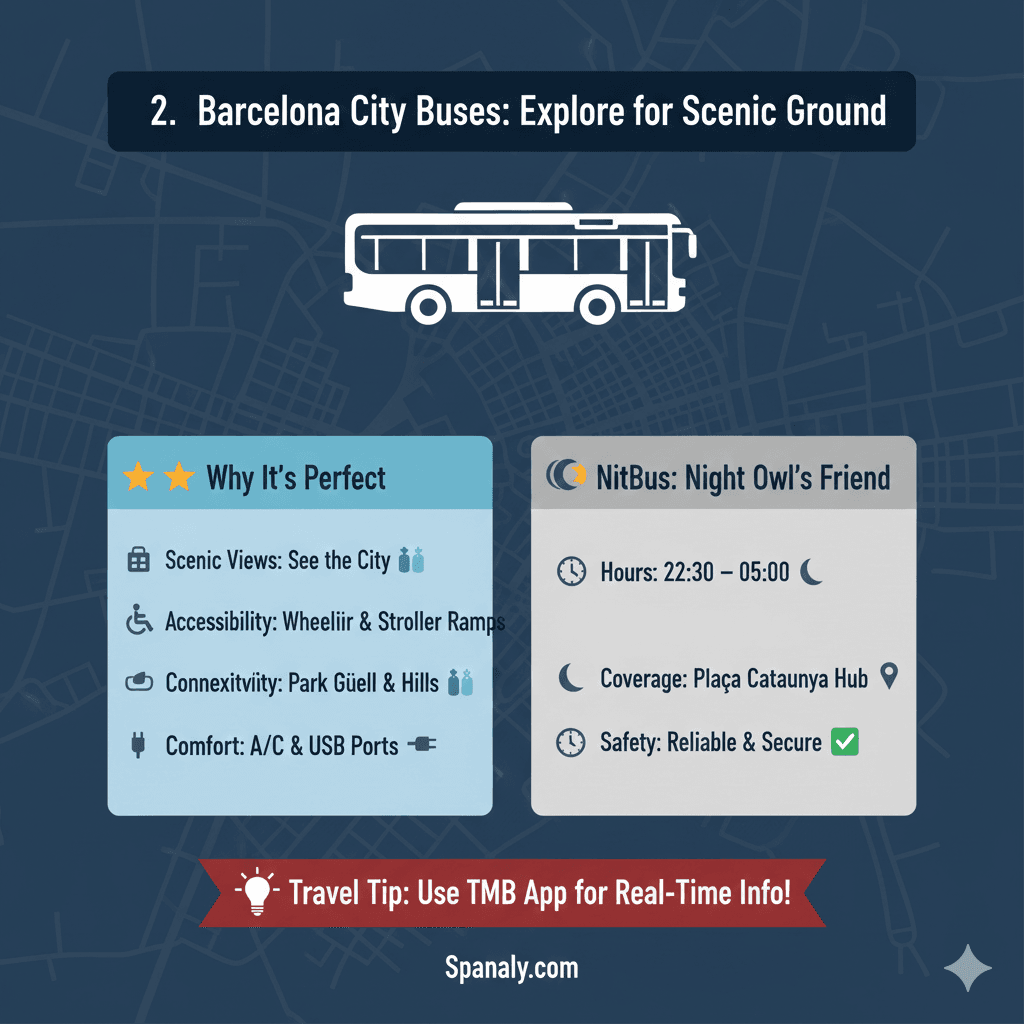 Barcelona 2026 bus guide infographic showing scenic benefits, NitBus hours, and TMB app travel tips by Spanaly.
