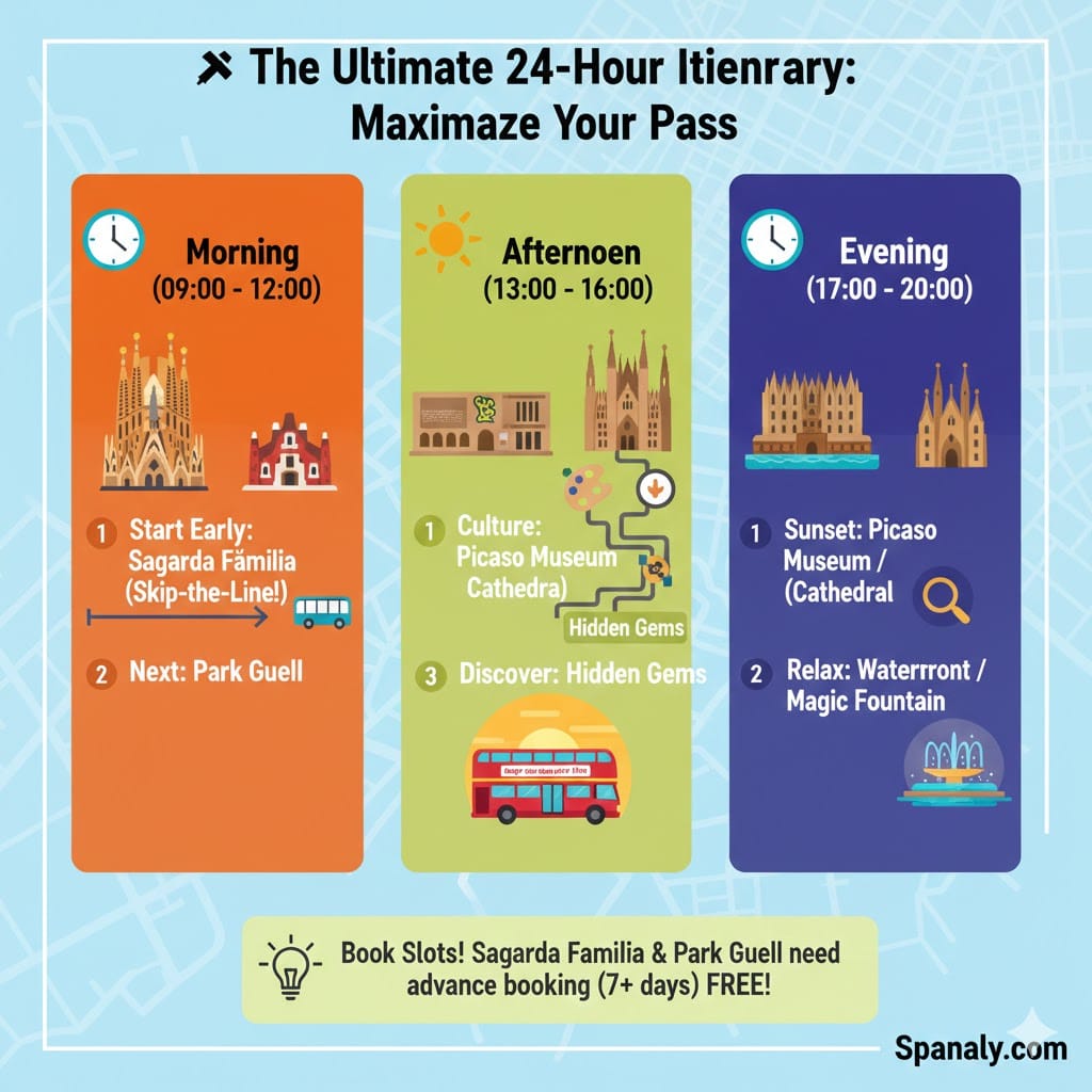 A colorful 24-hour itinerary infographic for maximizing a Barcelona City Pass. It covers morning visits to Sagrada Família and Park Güell, afternoon culture at Picasso Museum, and evening relaxation at the Magic Fountain.