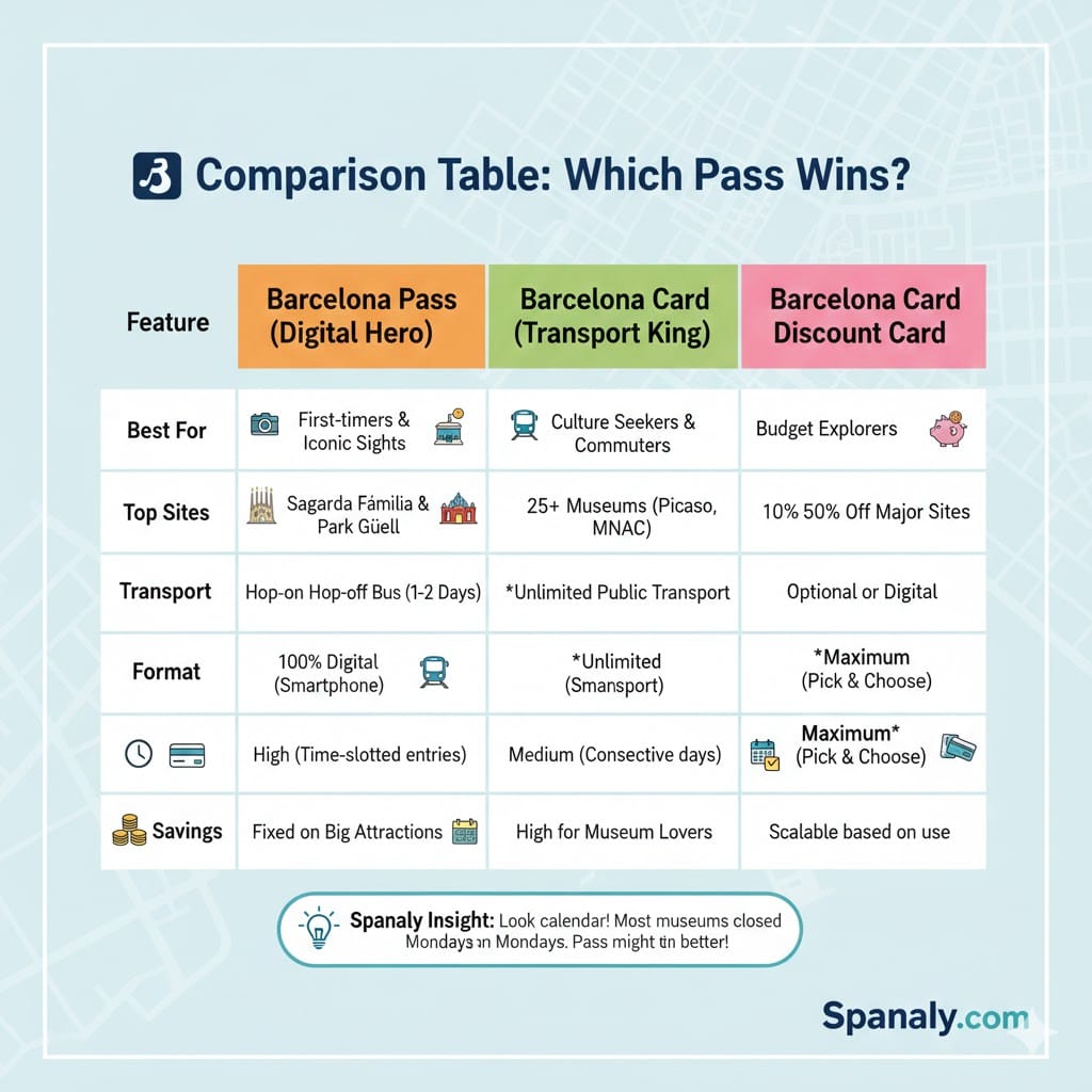A comprehensive comparison table infographic for Barcelona City Pass options, including Barcelona Pass, Barcelona Card, and Discount Card, comparing best uses, top sites, transport benefits, and total savings.