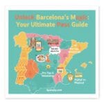 An illustrated colorful map of Spain featuring Barcelona-specific travel icons: Sagrada Família, skip-the-line QR codes, food guides, and pro tips. The heading reads 'Unlock Barcelona's Magic: Your Ultimate Pass Guide' with Spanaly.com at the bottom.