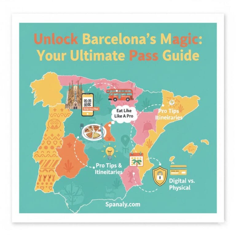 An illustrated colorful map of Spain featuring Barcelona-specific travel icons: Sagrada Família, skip-the-line QR codes, food guides, and pro tips. The heading reads 'Unlock Barcelona's Magic: Your Ultimate Pass Guide' with Spanaly.com at the bottom.