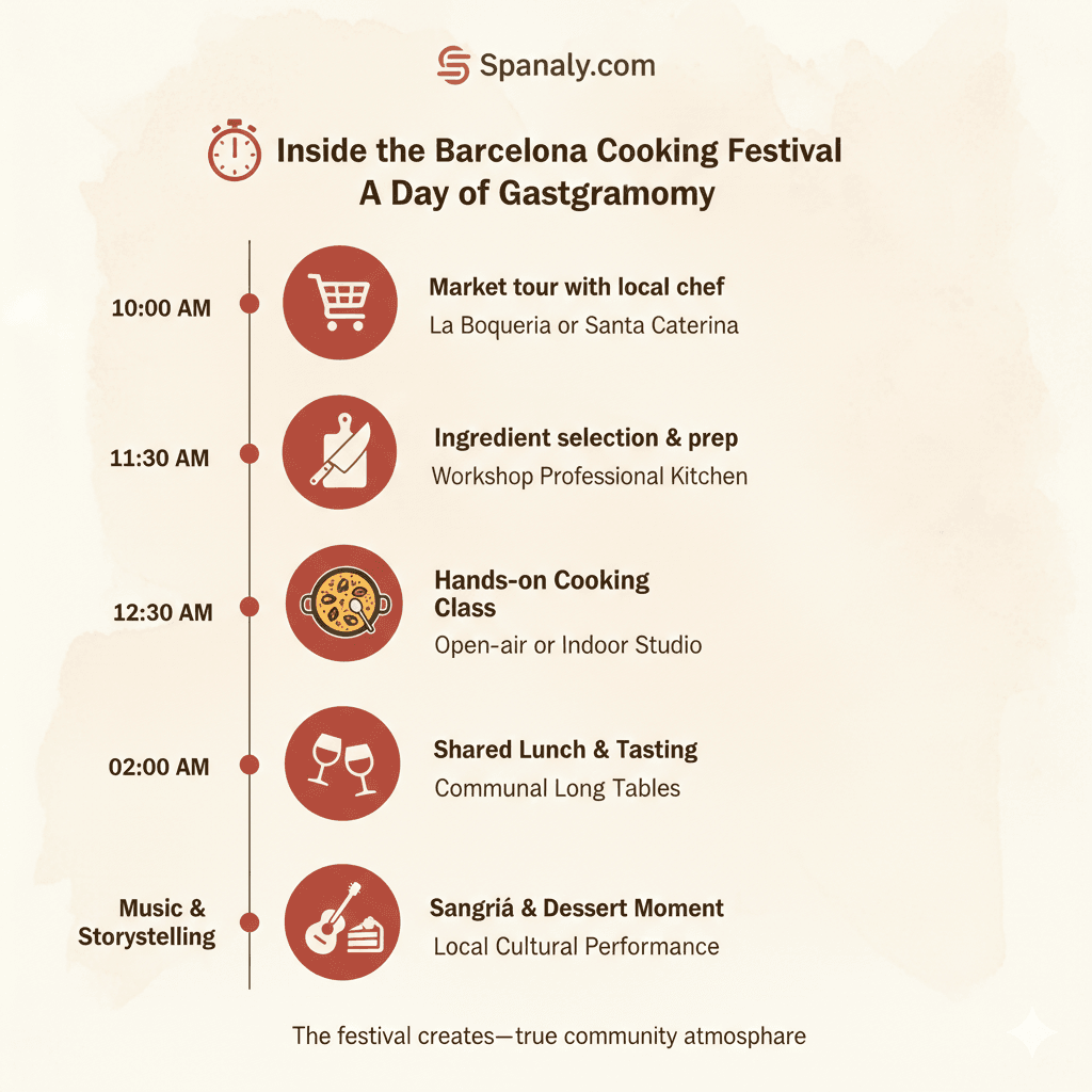 A detailed daily schedule infographic for the Paella and Tapas Cooking Festival in Barcelona, showing activities from market tours to shared lunches by Spanaly.