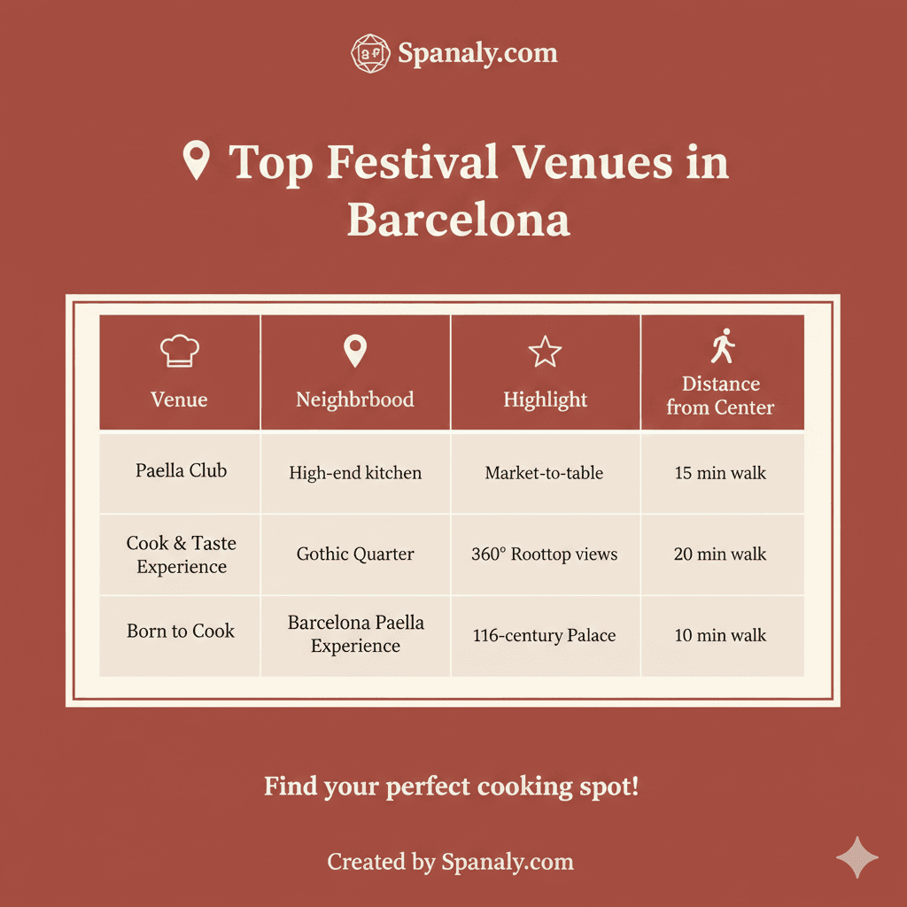 An infographic map showing top festival venues in Barcelona like El Born and Gothic Quarter for Paella and Tapas workshops by Spanaly.