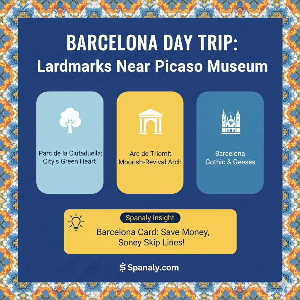 A colorful infographic titled Barcelona Day Trip: Landmarks Near Picasso Museum. It features three nearby attractions: Parc de la Ciutadella (City's Green Heart), Arc de Triomf (Moorish-Revival Arch), and Barcelona Cathedral (Gothic & Geese). Includes a Spanaly Insight about using the Barcelona Card to save money and skip lines. Logo: Spanaly.com.