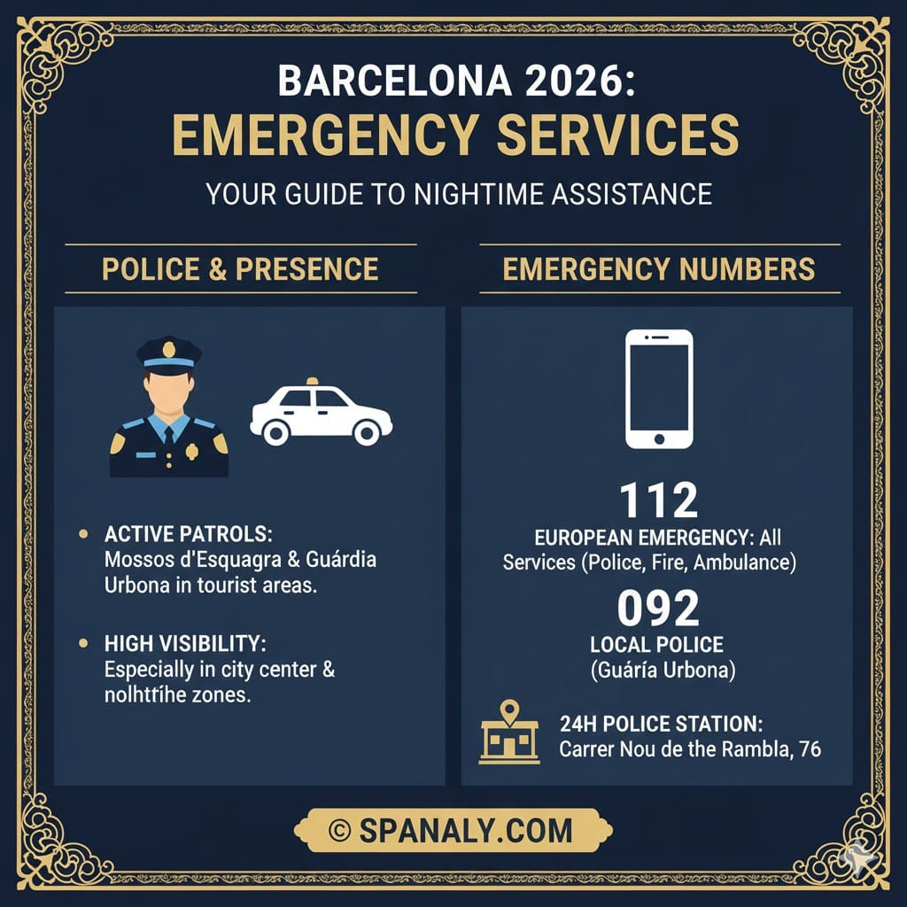 Infographic of Barcelona emergency contact numbers for 2026, featuring 112 emergency services, Mossos d’Esquadra, and Guàrdia Urbana police presence for tourists, by Spanaly.com.