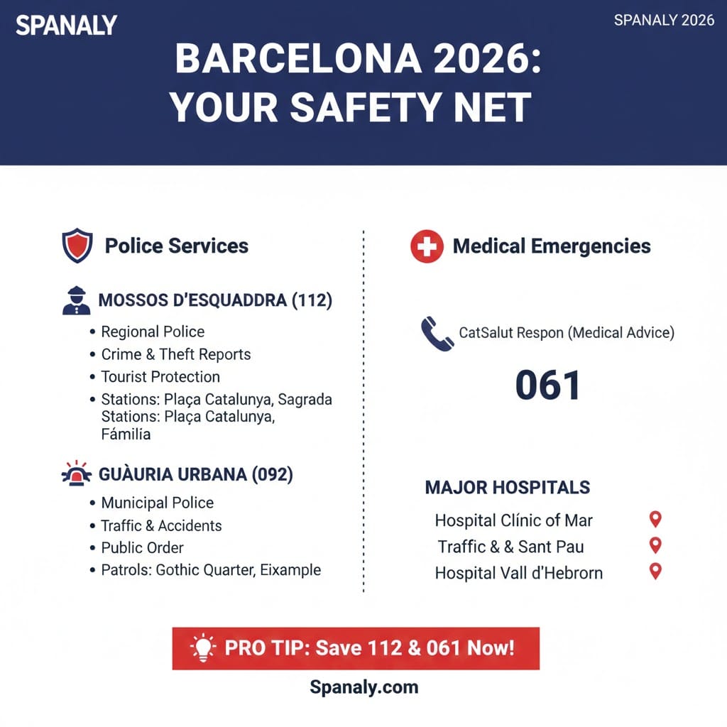 A Barcelona 2026 safety infographic showing emergency numbers like 112 and 061, police services (Mossos d’Esquadra & Guàrdia Urbana), and major hospitals for tourists by Spanaly.