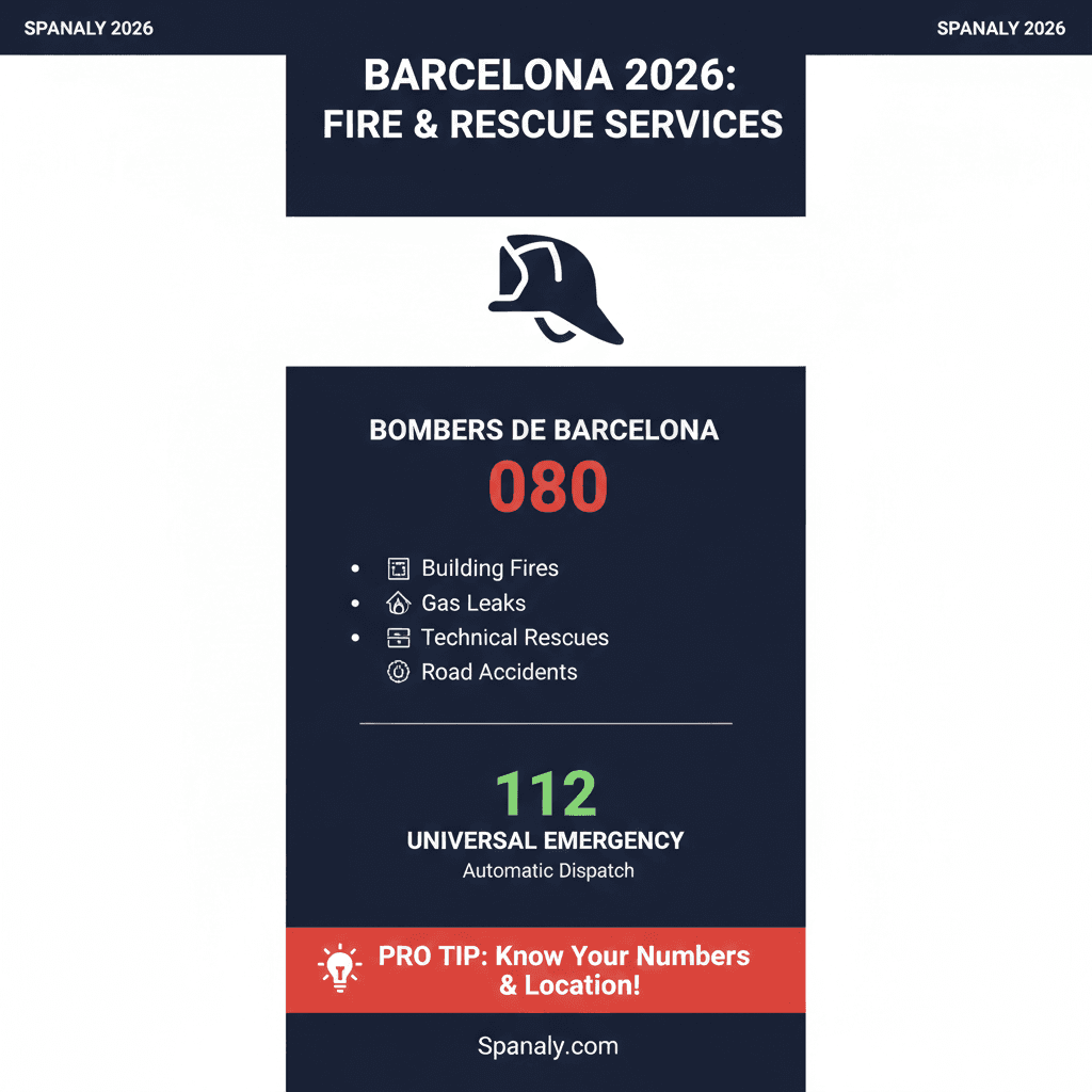 An infographic guide to Barcelona's Fire and Rescue services (Bombers de Barcelona) for 2026, showing the emergency number 080, key services like technical rescues and gas leaks, and the connection to the 112 universal line by Spanaly.