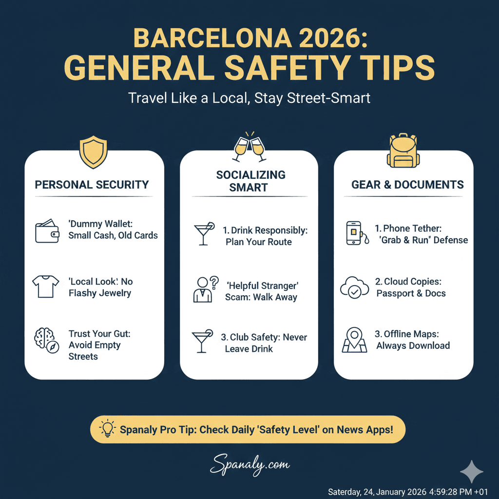 A 2026 Barcelona general safety tips infographic by Spanaly.com, featuring a checklist for personal security (dummy wallet, local look), socializing smart (drinking responsibly, avoiding scams), and essential gear like phone tethers and cloud document copies.