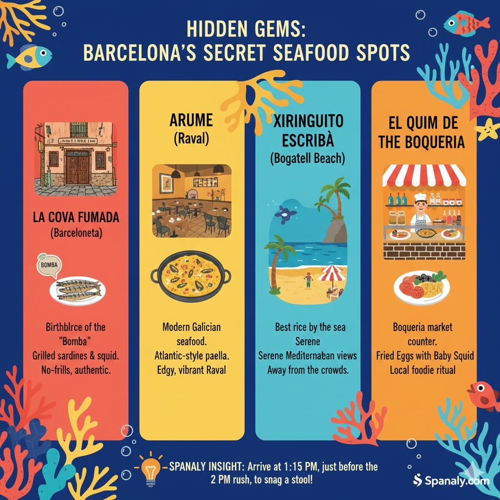 Infographic by Spanaly revealing hidden seafood gems in Barcelona, featuring La Cova Fumada, Arume, Xiringuito Escribà, and El Quim de la Boqueria with local insider tips.