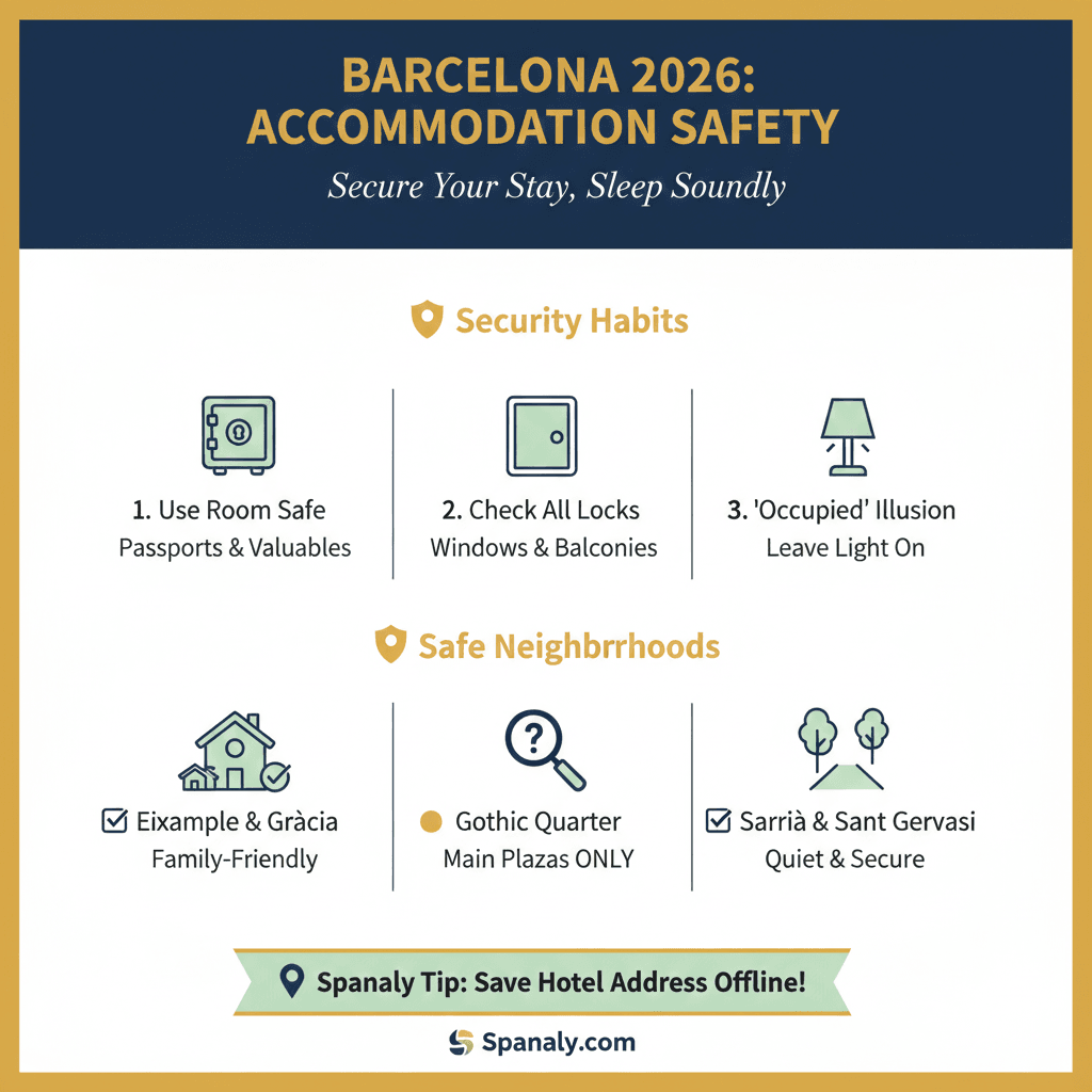 A 2026 Barcelona accommodation safety infographic by Spanaly.com, highlighting security habits like using room safes and checking locks, alongside safe neighborhood recommendations like Eixample, Gràcia, and Sarrià.