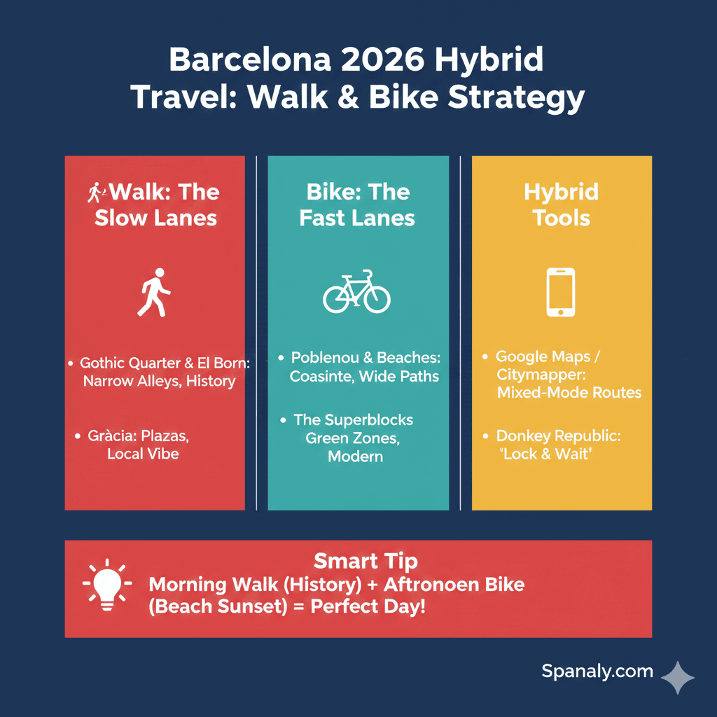 An infographic detailing the hybrid travel strategy for Barcelona in 2026, comparing slow-lane walking districts like the Gothic Quarter with fast-lane biking areas like Poblenou, including a list of essential mobile apps for travelers.