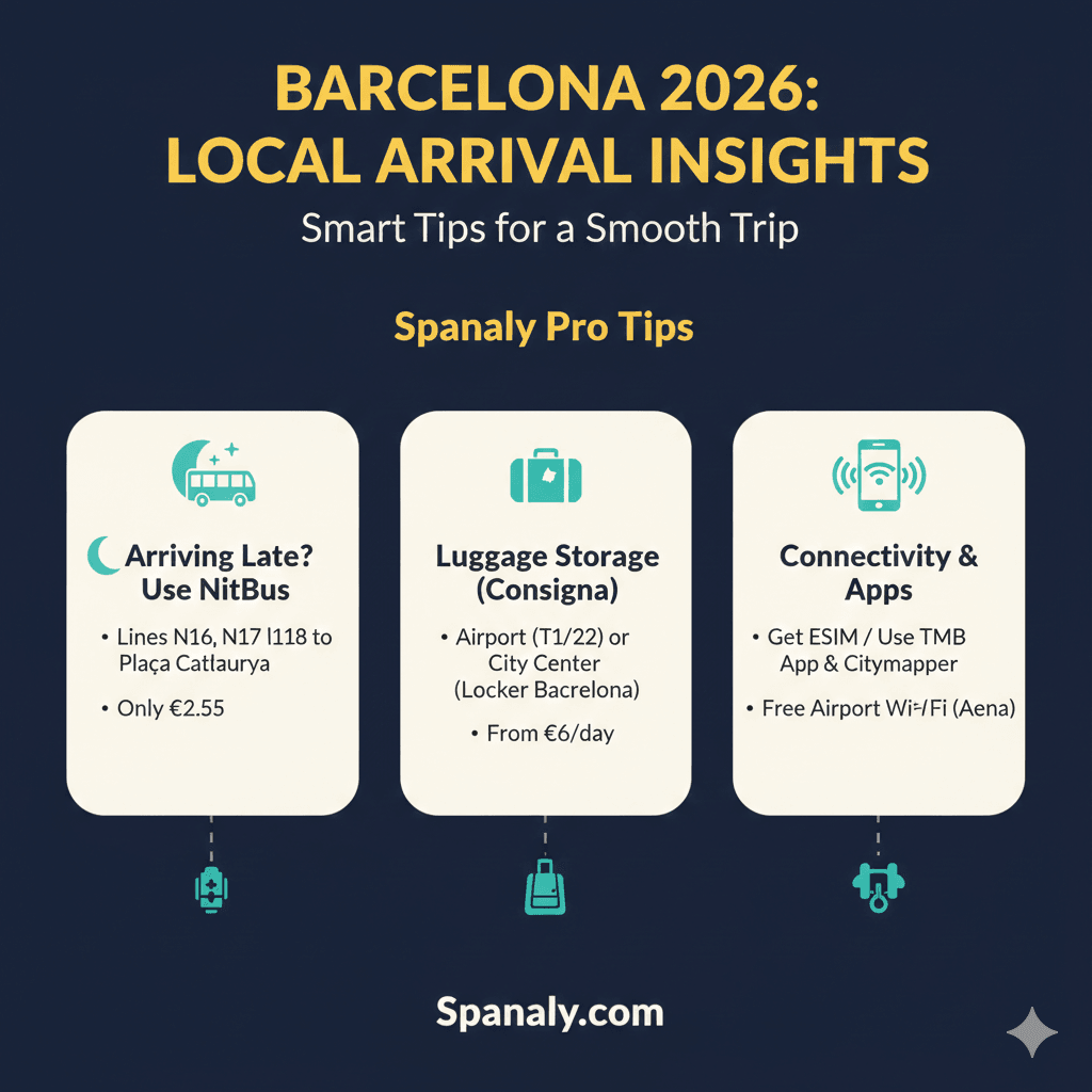 A 2026 local insights infographic for Barcelona arrivals by Spanaly.com. It covers smart travel tips including the NitBus for late-night arrivals, luggage storage (Consigna) locations at El Prat Airport, and essential mobile apps like TMB and Citymapper for navigating the city.