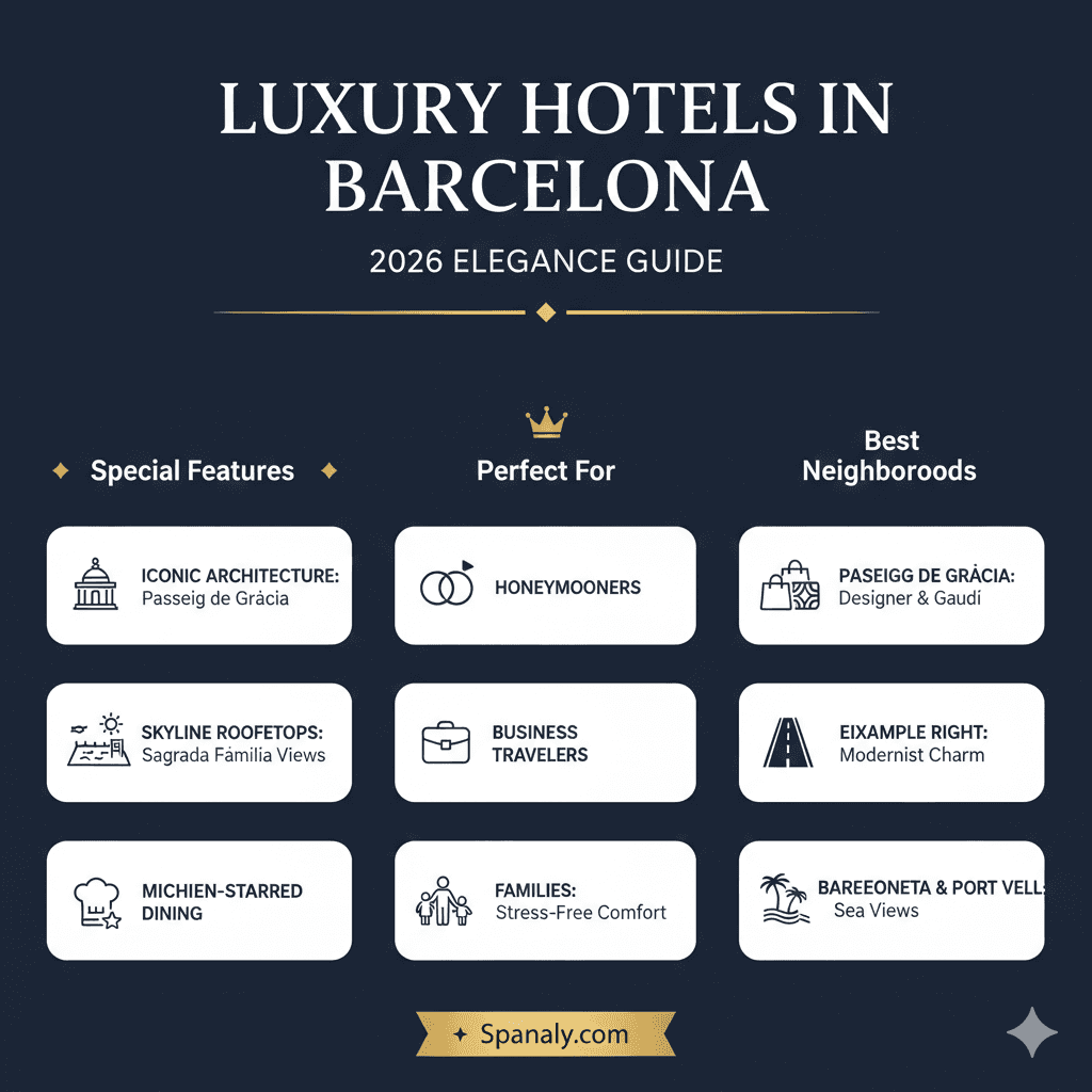 A 2026 luxury hotels guide in Barcelona featuring top features like iconic architecture, rooftop views of Sagrada Família, and Michelin-starred dining, highlighting neighborhoods like Passeig de Gràcia and Eixample by Spanaly.