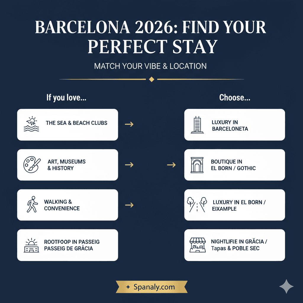 A direct comparison table between luxury hotels and boutique stays in Barcelona for 2026, comparing atmosphere, location, amenities, and service styles by Spanaly.