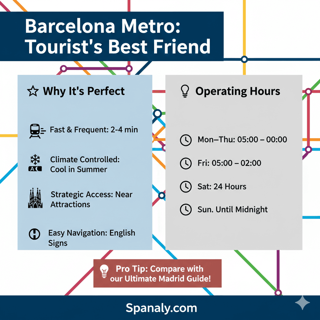 Barcelona Metro 2026 guide infographic showing tourist benefits, operating hours, and 24-hour Saturday service by Spanaly.