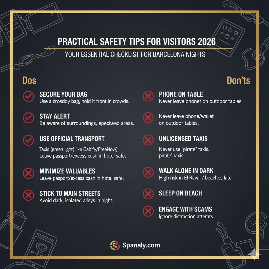 Infographic checklist of night safety tips for Barcelona 2026, including secure bag handling, phone protection, and safe transport advice by Spanaly.com.