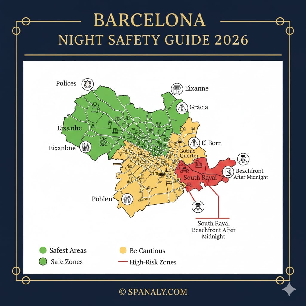 Infographic map of Barcelona night safety in 2026, highlighting safe neighborhoods like Eixample and Gràcia vs areas requiring caution like El Raval, with travel tips by Spanaly.com.