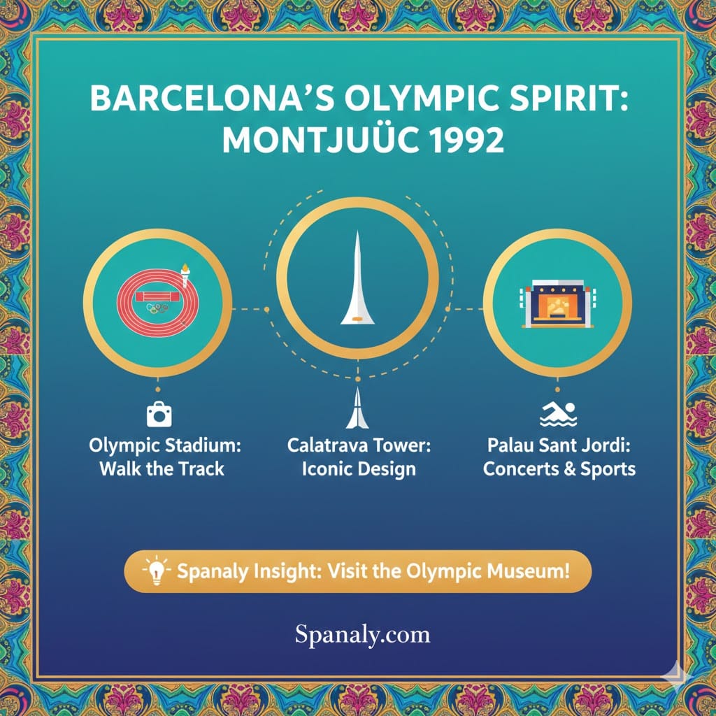 A colorful 1024x1024 infographic titled Barcelona’s Olympic Spirit: Montjuïc 1992. It features circular icons for the Olympic Stadium (Walk the Track), Calatrava Tower (Iconic Design), and Palau Sant Jordi (Concerts & Sports). A Spanaly Insight banner at the bottom recommends visiting the Olympic Museum. Decorative border included. Logo: Spanaly.com.