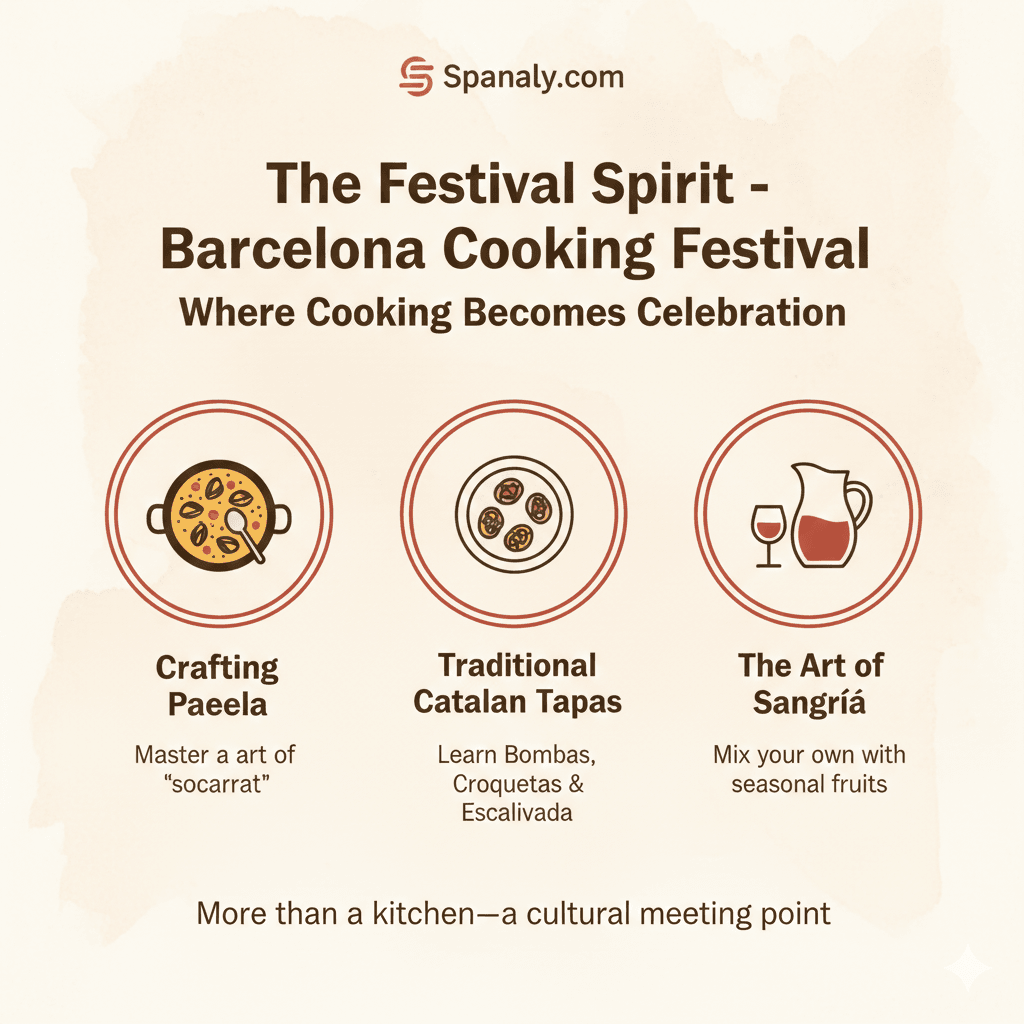 A vibrant infographic showcasing the Paella and Tapas Cooking Festival in Barcelona, featuring steps for cooking paella, tapas preparation, and local sangria by Spanaly.
