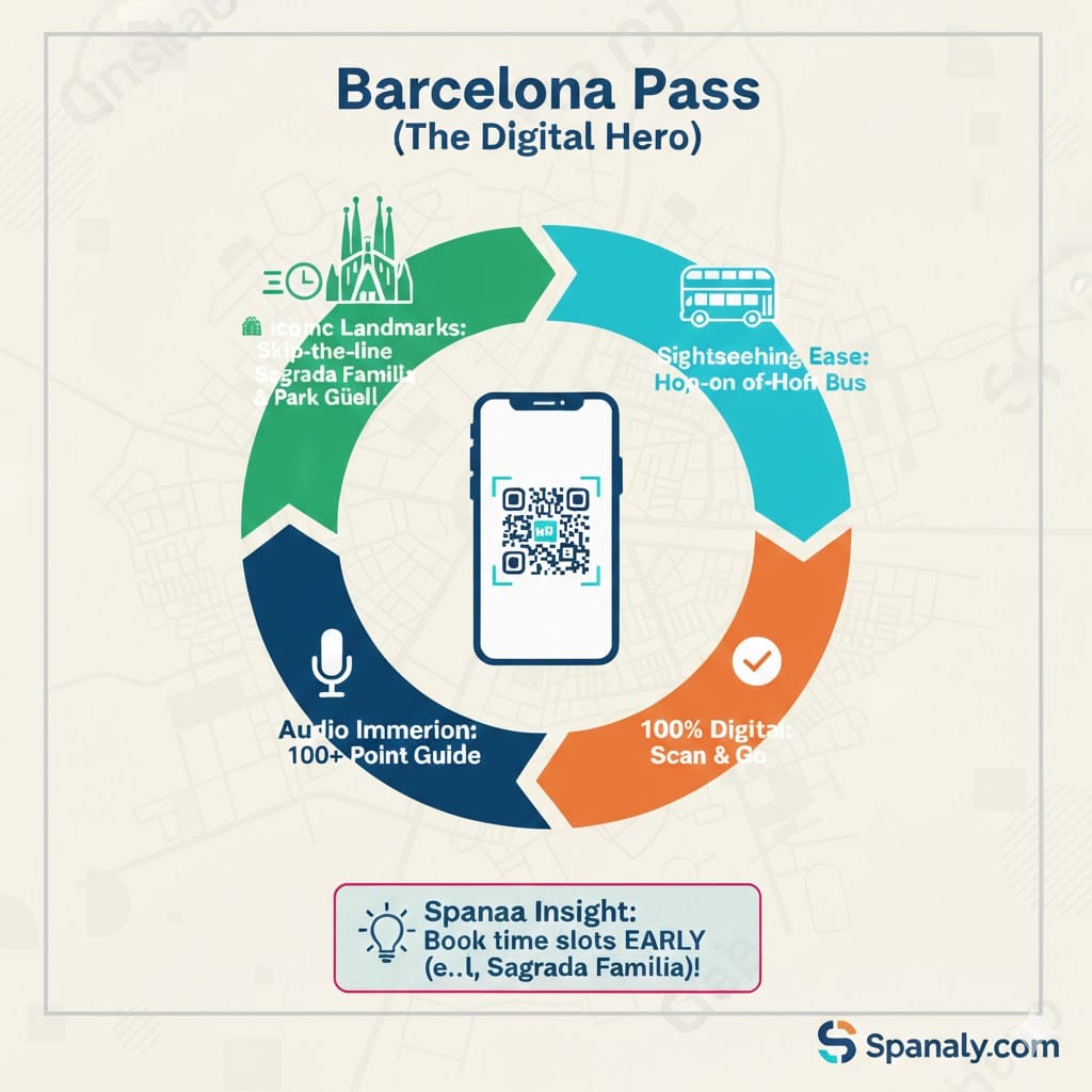 A professional infographic of the Barcelona Pass (The Digital Hero) showing its main features: skip-the-line for Sagrada Familia and Park Güell, hop-on hop-off bus access, a 100+ point audio guide, and 100% digital QR scan functionality.