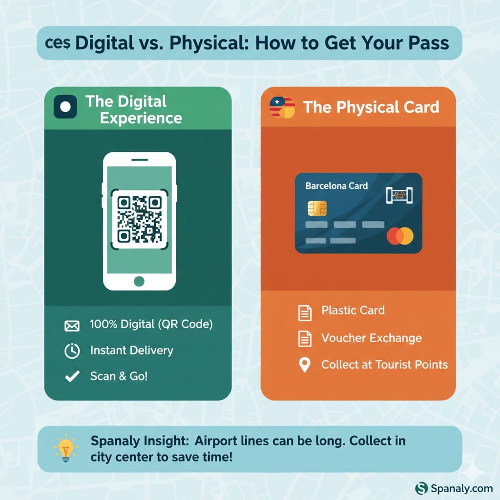 A comparison infographic between Digital and Physical Barcelona City Passes. On the left, a smartphone with a QR code for 'The Digital Experience'. On the right, a plastic card for 'The Physical Card' with collection details.