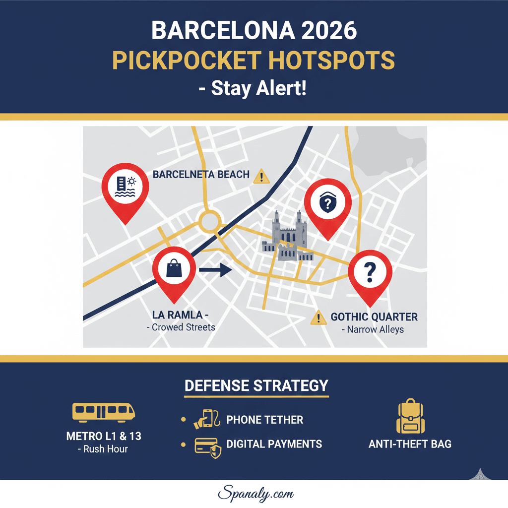 A 2026 Barcelona safety infographic map showing pickpocket hotspots like La Rambla, Gothic Quarter, and Barceloneta Beach, with a defense strategy featuring anti-theft bags and phone tethers by Spanaly.