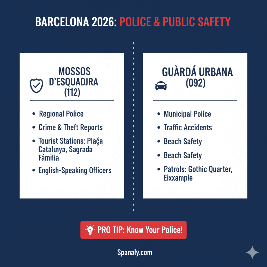 An infographic comparing Barcelona’s police forces for 2026, detailing the roles of Mossos d’Esquadra for crimes and Guàrdia Urbana for municipal safety, including contact numbers and tourist station locations.