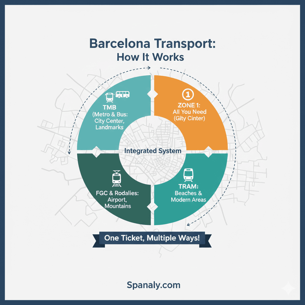 Infographic of Barcelona's 2026 integrated transport system zones and operators by Spanaly.