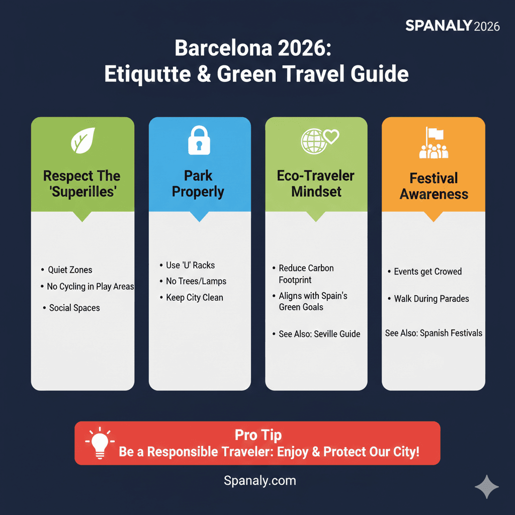 A Barcelona 2026 etiquette and green travel guide infographic covering Superblocks respect, proper bike parking, eco-traveler mindset, and festival awareness by Spanaly.